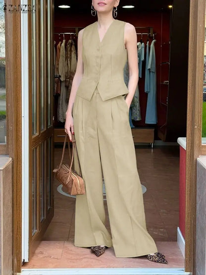 ZANZEA 2025 Summer Elegant V Neck Sleeveless Vests Tops Trousers Suits Stylish Women Outfits 2 Piece Sets Fashion OL Tracksuit
