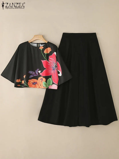 ZANZEA Fashion 2PCS Women Auutmn Pant Sets Two Piece Sets 3/4 Sleeve Printed Blouse Trousers Suit Elegant Work Tracksuits 2025