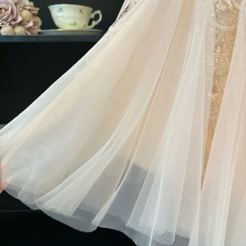 Sequins Mesh Dress For Girls Kids Summer Dress Children Fishtail Gauze Skirt For Party Night Graduation Ceremony Birthday Prom