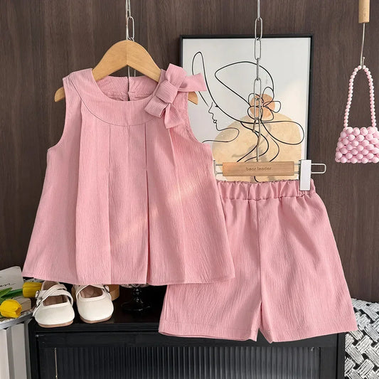 Korean Version Summer New Girls' Casual Suit Solid Color Round Neck Bow Pleated Vest Top+shorts Two-piece Set for Daily Wear