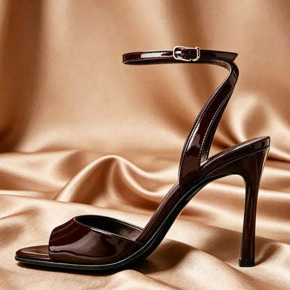 Sexy Open-Toe Ankle-Strap Heeled Sandals Women Luxury Designer Patent Leather High Heels for Ladies Elegant Party Wedding Shoes