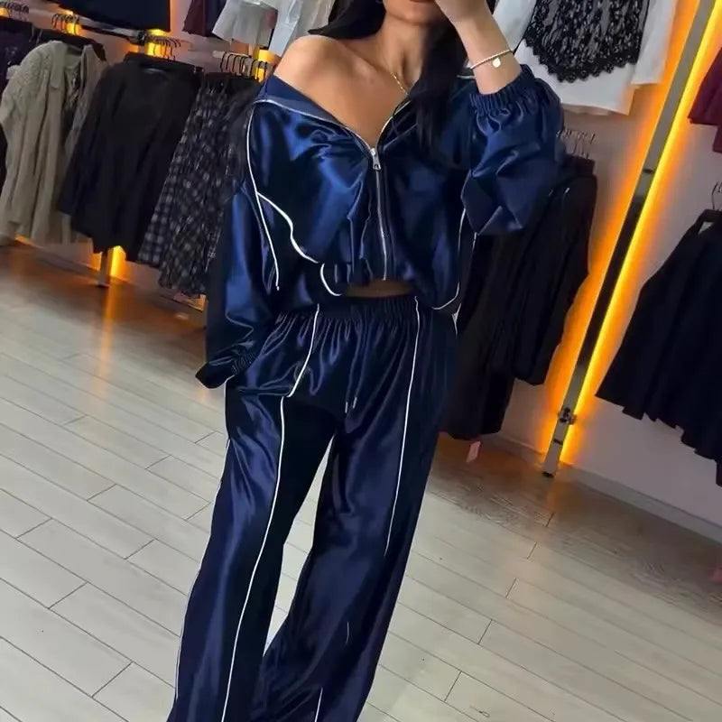 Satin Tracksuit Zip-up Set Long Sleeve Women's Jacket Wide Leg Pants Summer Lady Fashion Casual Daily Street Sportswear 2026 New