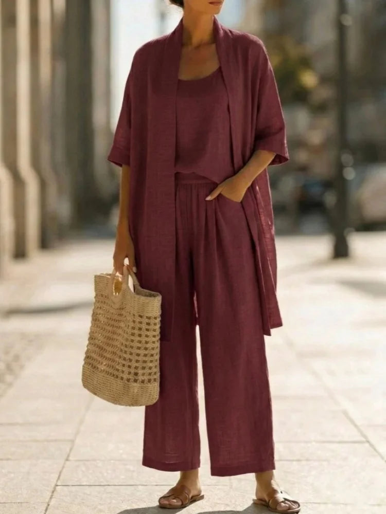 Casual Solid Cotton Linen Loose Vest Shirt Trouser 3pc Set Women Short Sleeve Cardigan Wide Leg Pants Suits Summer Lady Outfits