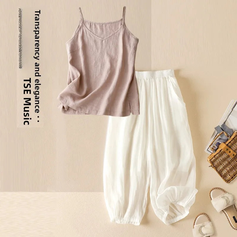Summer Casual Cotton Linen Double Layer Lantern Pants Loose Elastic Waist Pure Color Wide Leg Harem Trousers for plus Size Women