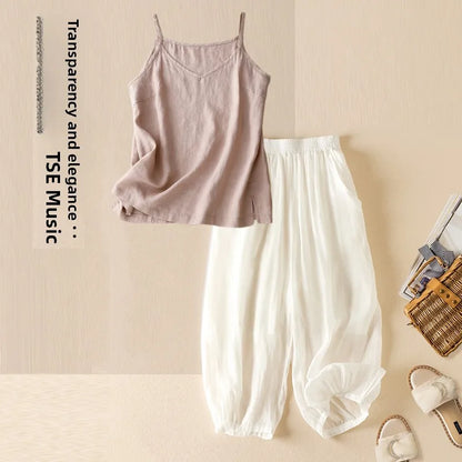 Summer Casual Cotton Linen Double Layer Lantern Pants Loose Elastic Waist Pure Color Wide Leg Harem Trousers for plus Size Women