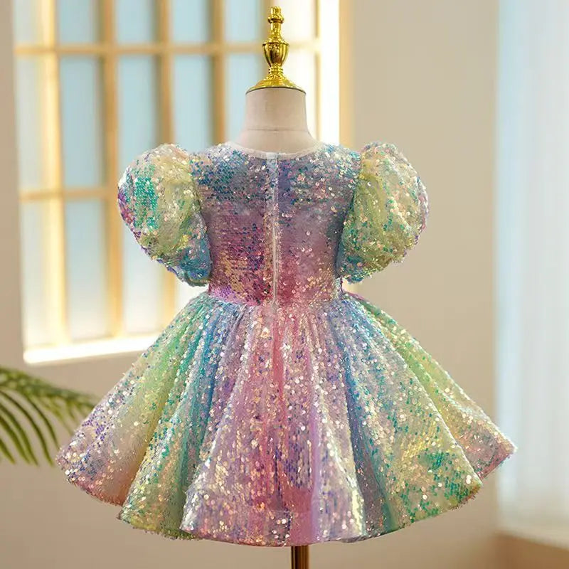 Girl Dress Pastel Sparkles Shimmers Puffy Sleeves Sequin Dress Girls Birthday Party Clothes 3-12Years