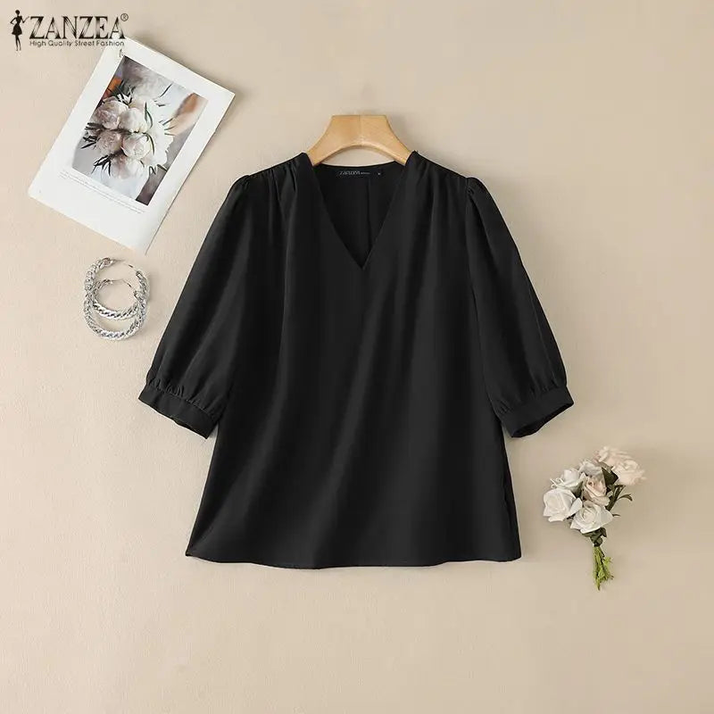 ZANZEA Women Blouse Elegant V Neck Puff Half Sleeve Solid Color OL Work Blusas Casual Tunic Oversize Streetwear Summer Autumn