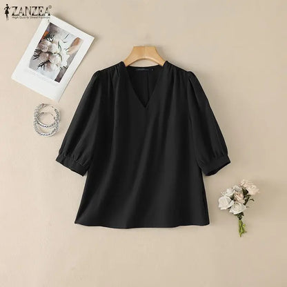 ZANZEA Women Blouse Elegant V Neck Puff Half Sleeve Solid Color OL Work Blusas Casual Tunic Oversize Streetwear Summer Autumn
