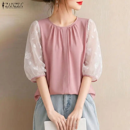 ZANZEA Sophisticated Elegant Floral Fil Coupe Patchwork 3/4 Sleeve Blouses Women Gathered O-Neck Top Solid Color Blusas de Mujer