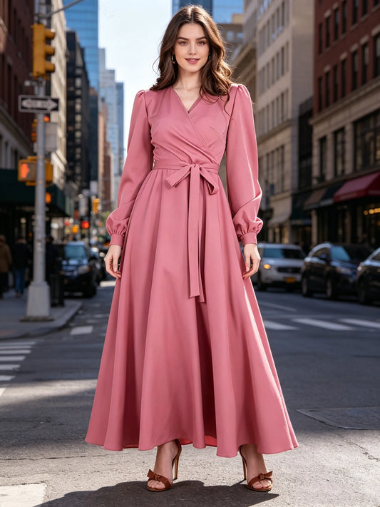 Elegant Loose Rose Red V-Neck Long Sleeve Dress for Women with Waistband Slimming Long Skirt Design