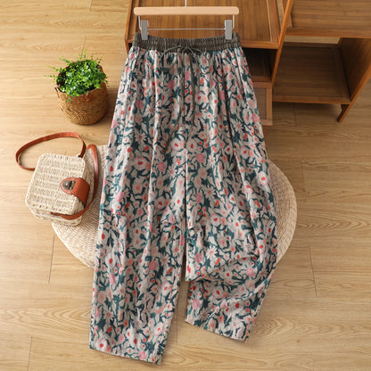 Retro Print Linen Harlan Pants Women Summer Thin Loose Color Block Drawstring High Waist Slimming Casual Cotton Linen Carrot ...