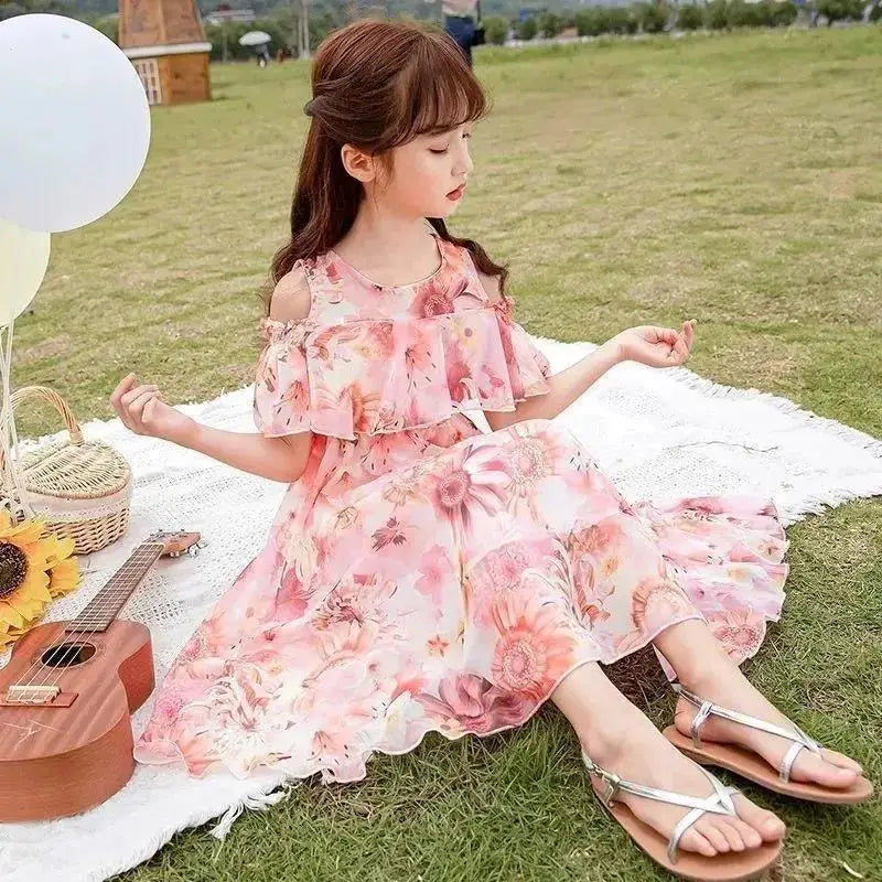 Thin Girl Summer Dress Robe Fille Floral Chiffon Princess Dress Children's Clothing Summer Girls Casual Dresses Kids Vestidos