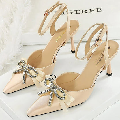 BIGTREE Shoes High-Heeled Sandals Women Shoes Summer Rhinestone Bowknot Women Pumps Silk Pointed Stiletto Heels 8 cm Sandals