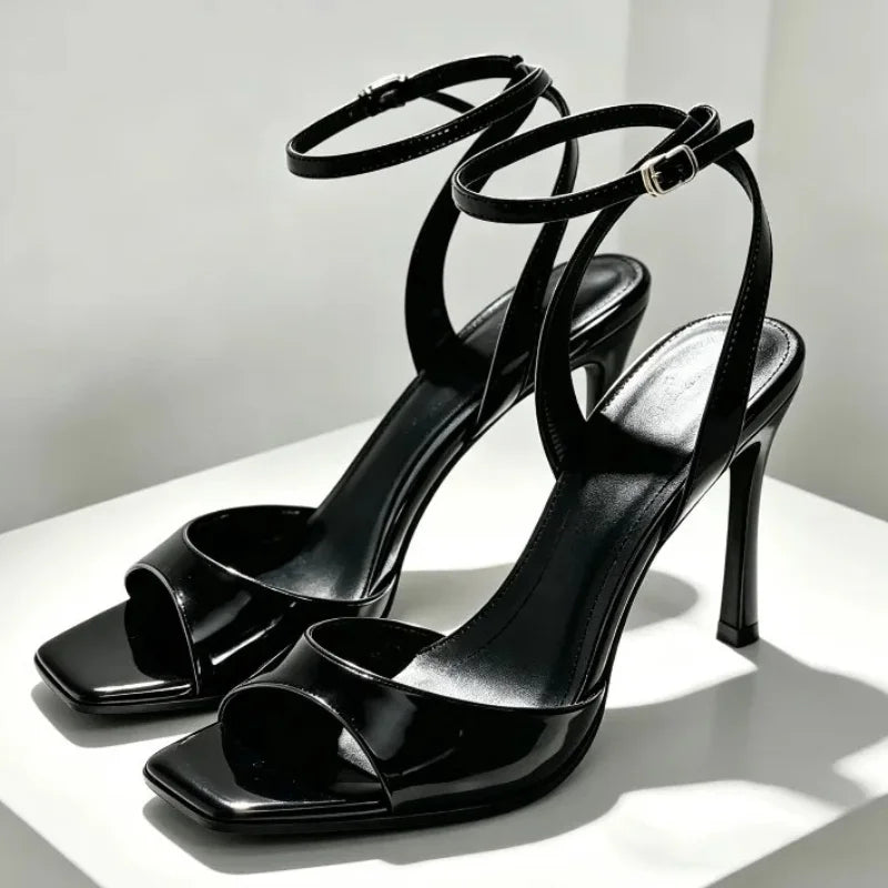 Black Patent Leather Ankle Strap Buckle Heeled Sandals Women Sexy Square Open Toe High Heels Summer Elegant Party Office Shoes