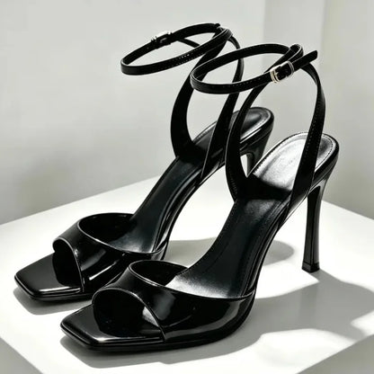 Black Patent Leather Ankle Strap Buckle Heeled Sandals Women Sexy Square Open Toe High Heels Summer Elegant Party Office Shoes