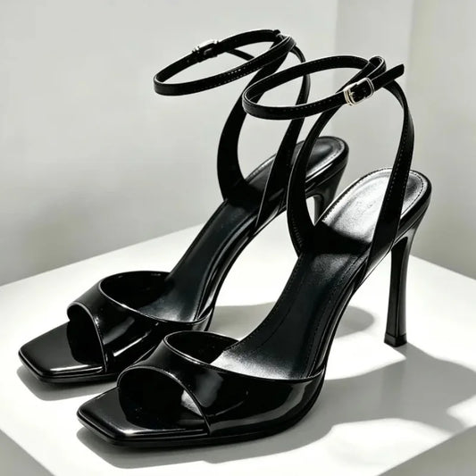 Black Patent Leather Ankle Strap Buckle Heeled Sandals Women Sexy Square Open Toe High Heels Summer Elegant Party Office Shoes