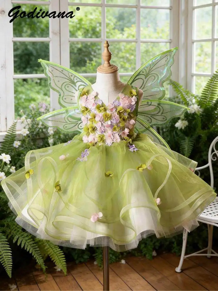 Sweet Baby Girls Butterfly Wing Princess Lolit Dress New Summer 2026 Kids Luxury Pastorale Floral Tulle Sleeveless Ball Gown