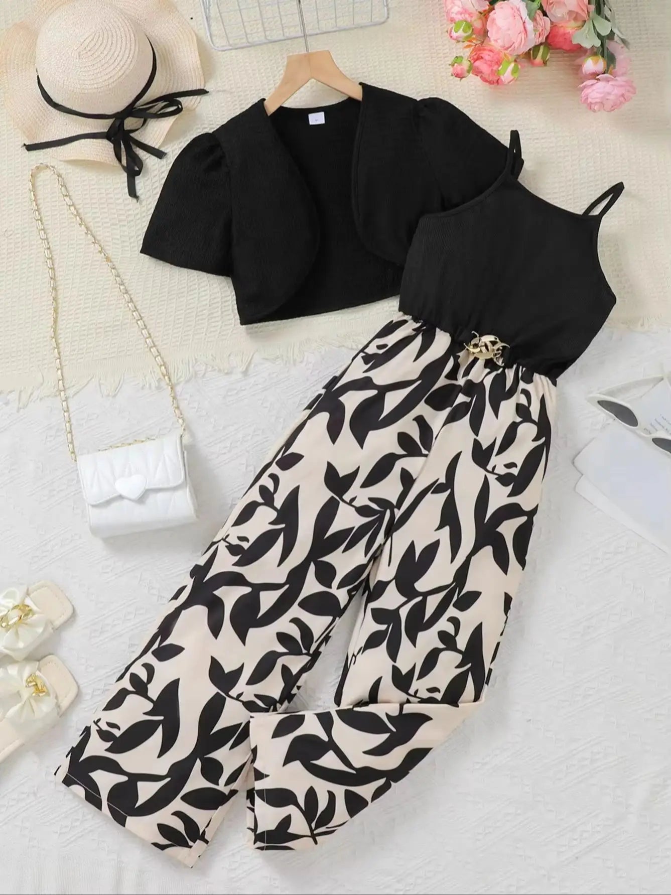 Girls 2pcs Set Fashion Floral Pattern Onesie And Short-Sleeve Shawl Ensemble Suitable for Summer Casual Wear Outdoor Commuting