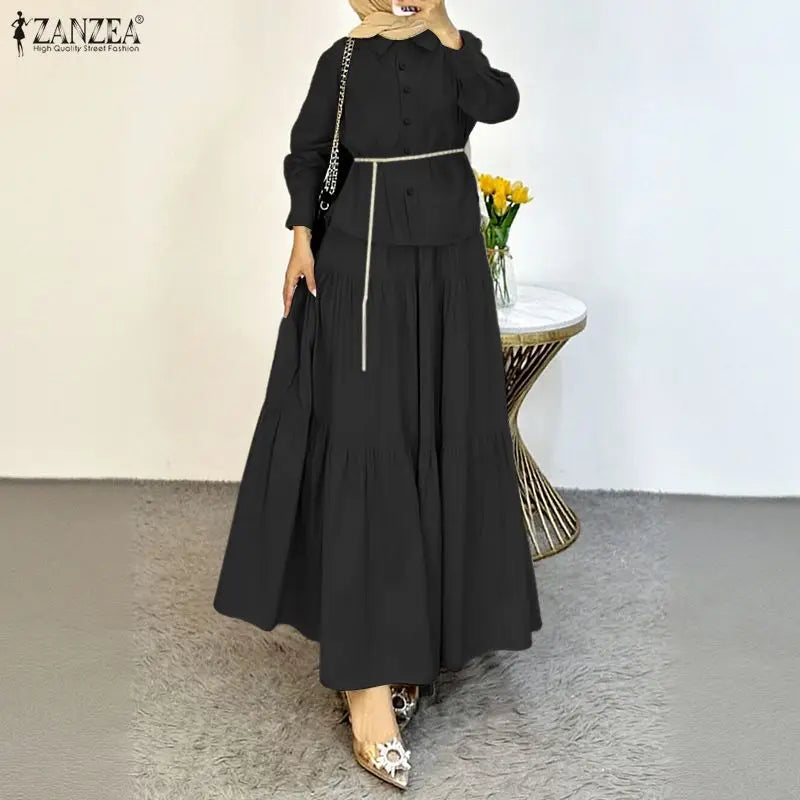 ZANZEA Modest Hijabis Womens Skirt Suits Long Sleeve Shirt & Tiered Long Skirt 2 Pieces Sets Muslim Islamic Daily Casual Outfits