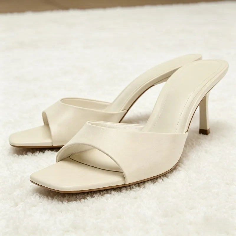 Luxury Wide-Strap Square-Toe Women's Slippers Sexy Stiletto Mules Sandals for Ladies Summer High Heels Elegant Women's Shoes