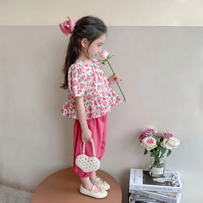 1Sets Girls Floral Print Set Kids Summer Short Sleeve Tops And Long Pants Suit Baby Fashion Costume Cute Children Leisure Sets