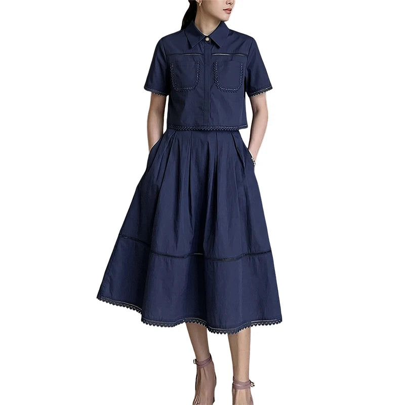 ZANZEA Women's Summer Lace Patchwork 2-Piece Sets Collared Short Sleeve Cropped Blouse & A-Line Midi Skirt Suits Commute Outfit