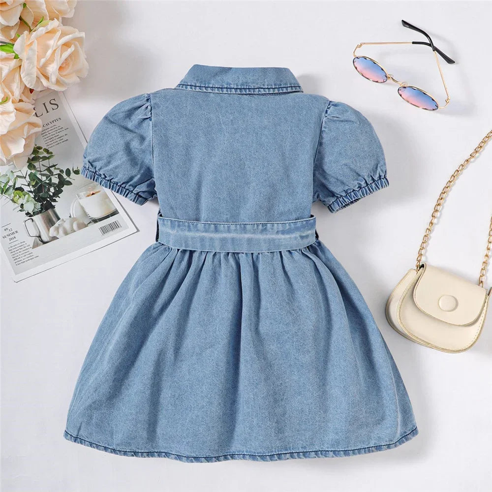 Baby Girl Fashion Dress Bubble Sleeve Lapel Jeans Casual Dress+Belt Summer Birthday Party Costumes for 1-3 Years Toddler Girl