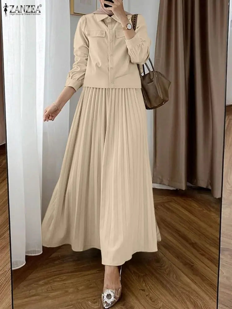 ZANZEA 2026 Spring Fashion Long Sleeve Dress Sets Office Matching Sets Women Outfits Elegant OL Work Skirt Suit Solid Tracksuit