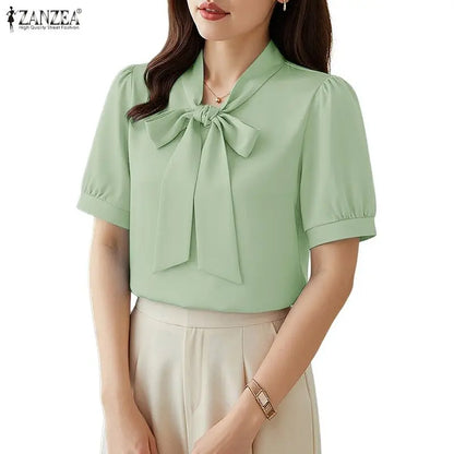 ZANZEA Woman Elegant Minimalist Blouses Bow Tie Neck Half Puff Sleeve Solid Color Tops 2026 Summer Casual Day Blusas de Mujer