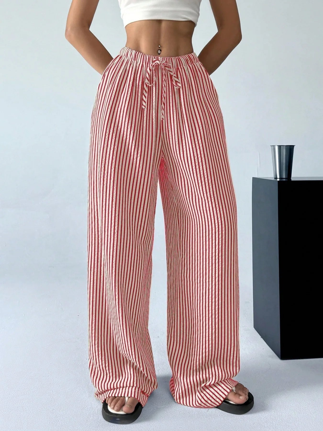 2025 Autumn New Cross border Women's Fashion Loose Striped Drawstring Elastic Waist and Floor Pants from Europe and America