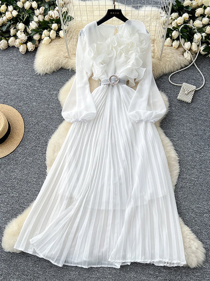 2026 Spring Autumn Fashion Elegant Dress for Women New French Mushroom Edge Crimping Loose Chiffon Long Sleeve Long Dress C141
