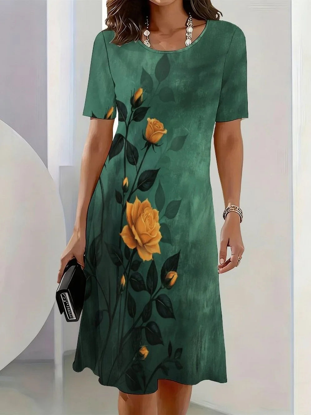 2026 New Elegant Floral Print Dresses for Women Round-Neck Short Sleeve Female Clothing Summer Travel Vacation Clothes for Woman