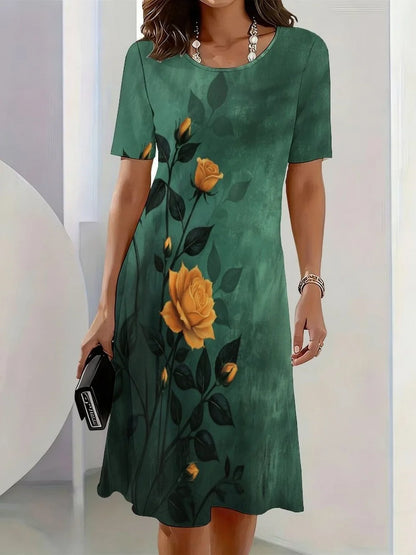 2026 New Elegant Floral Print Dresses for Women Round-Neck Short Sleeve Female Clothing Summer Travel Vacation Clothes for Woman