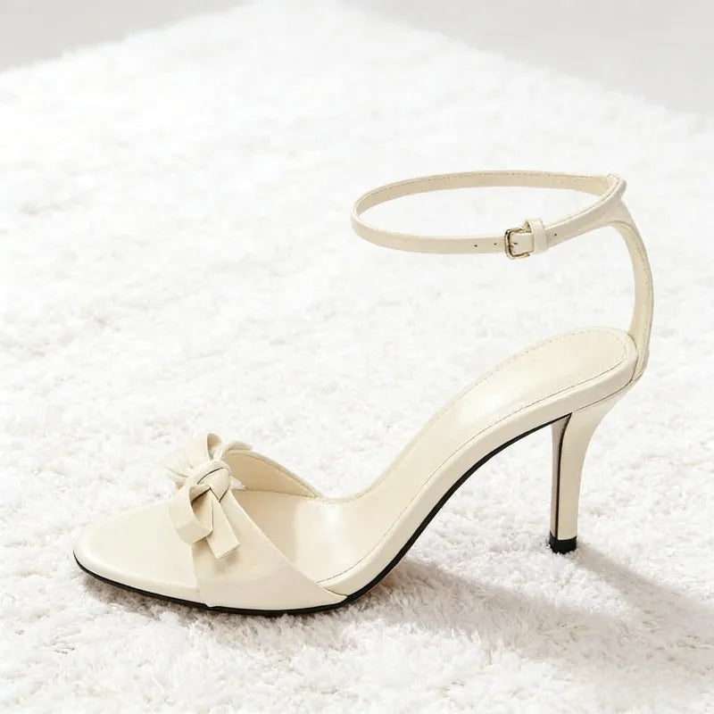Beige Bow Designer Shoes Ankle Strap Heeled Sandals Women Elegant Patent Leather Thin High Heels Party Shoes Sandalias De Mujer