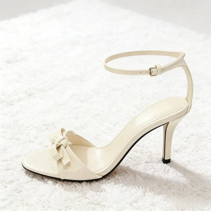 Beige Bow Designer Shoes Ankle Strap Heeled Sandals Women Elegant Patent Leather Thin High Heels Party Shoes Sandalias De Mujer