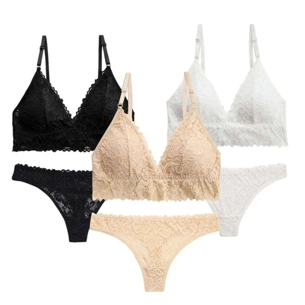 V Neck Lace Flower Bra Set Solid Color Thong Floral Panties Bra Kit Low Waist T-Back Lace Underwear Valentine's Day Gift