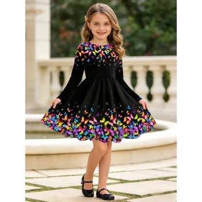 Black butterfly girl long sleeved dress, floral round neck all season casual fashion dress
