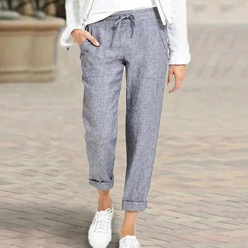 Lucyever Casual Cotton Linen Pants Women Spring Summer High Waist Elastic Ankle-Length Pants Female Solid Pockets Harem Trousers