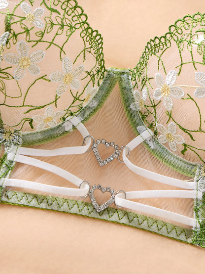 Women Green Daisy Floral Embroidery Lingerie Set Sheer Mesh Heart Metal Buckle Underwire Bra & Thong 2‑Piece Intimate Underwear