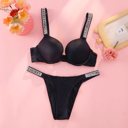 Victoria's Secret Push Up Bra And Panties Set For Women Rhinestone Logo Shoulder Straps Lace Underwear Sexy Lingerie Set