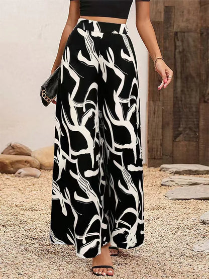 Women's Print Wide-Legged Casual Pants Loose Fit Fashionable Trousers