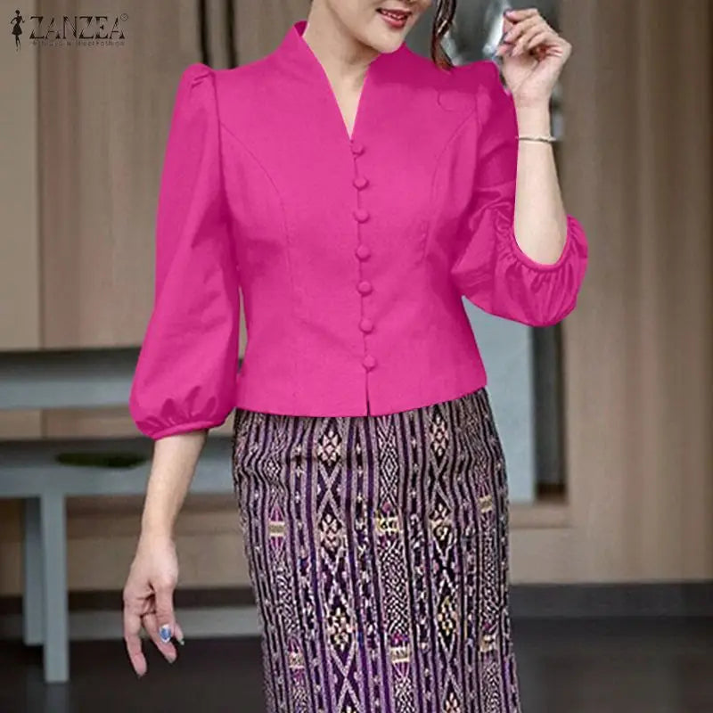 ZANZEA Women's Elegant Princess Seams Short Shirts V-Neck 3/4 Puff Sleeve Button Up Solid Color Tops Classy Party Woman Clothes