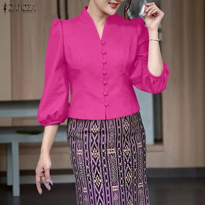 ZANZEA Women's Elegant Princess Seams Short Shirts V-Neck 3/4 Puff Sleeve Button Up Solid Color Tops Classy Party Woman Clothes