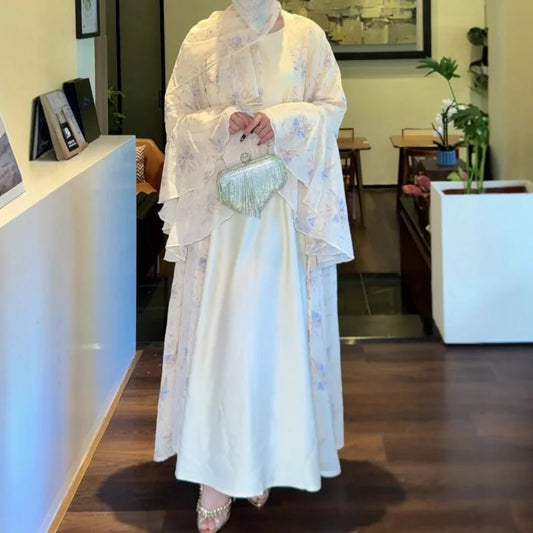 Party Dresses 3 Piece Set for Women Muslim Abaya with Scarf Long Cardigan Robe Vestidos Sashes Dubai Abayas Eid Ramadan Jalabiya