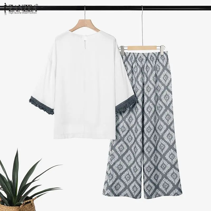 ZANZEA Spring 2 Pieces Sets Bohemain Tracksuit 2026 Women Stylish Printed Pant Sets 3/4 Sleeve Blouse Trousers Holiday Outfits