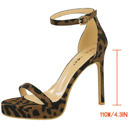 BIGTREE Shoes Leopard Suede Heeled Sandals Women Shoes Sexy Party Shoes Peep Toe High Heels Stiletto 11 cm Buckle Ladies Shoes