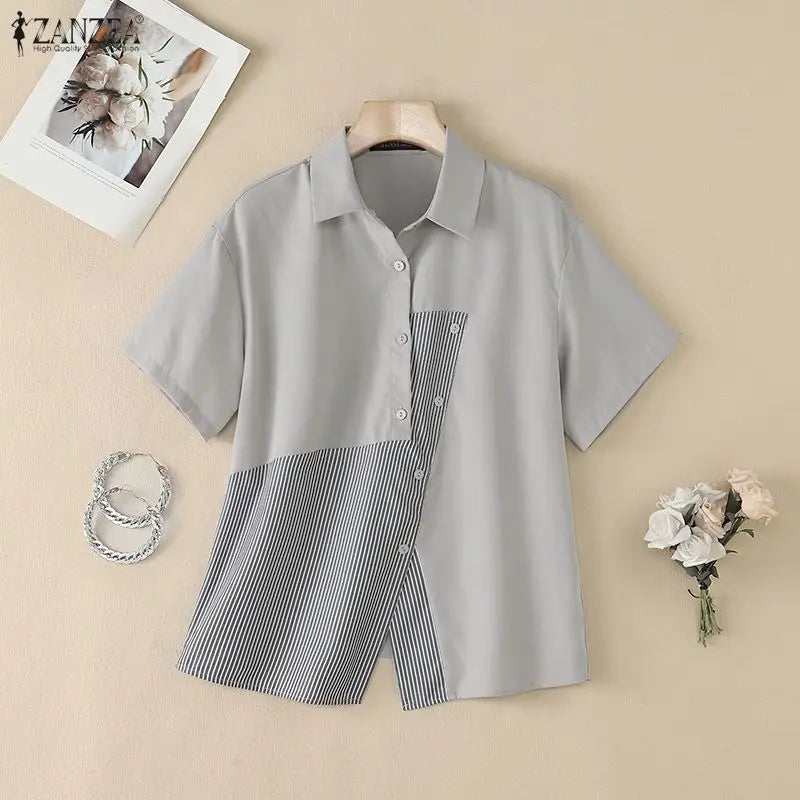 Women Shirt ZANZEA Fashion Patchwork Summer Short Sleeve Tops Striped Tee Oversize Blusas Turn-down Collar Tunic Streetwear