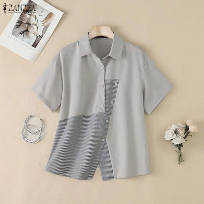 Women Shirt ZANZEA Fashion Patchwork Summer Short Sleeve Tops Striped Tee Oversize Blusas Turn-down Collar Tunic Streetwear
