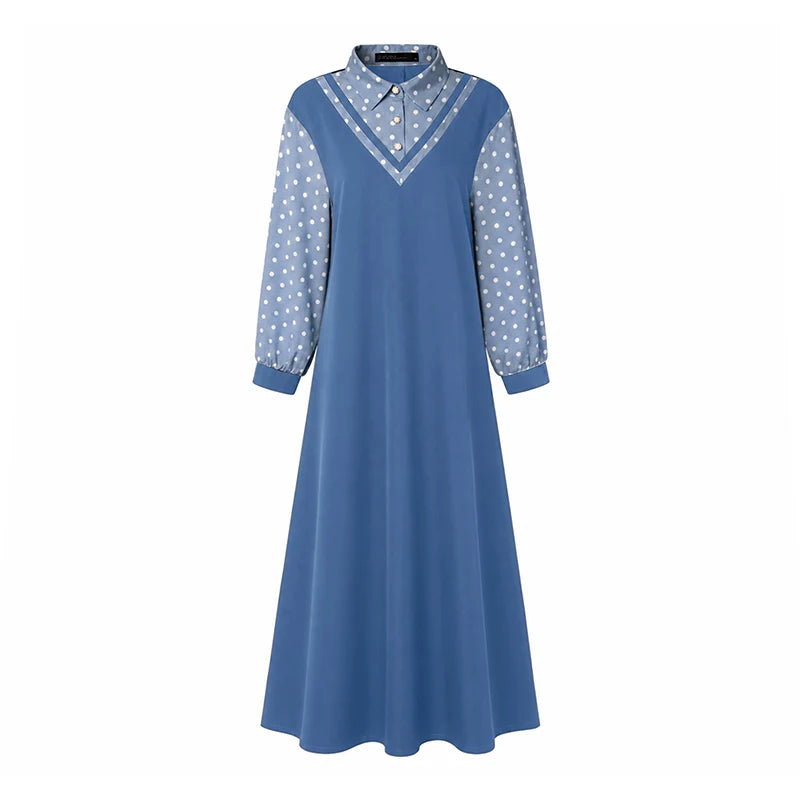 Ramadan Robe ZANZEA Polka Dots Printed Muslim Dress Abaya 2026 Women Casual Lapel Neck Long Sleeve Patchwork Baggy Maxi Sundress