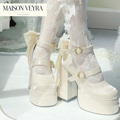 Elegant Satin Waterproof Lolita Mary Jane Shoes Women's Sweet Cute Girls Bow Paltform High Heel Ladies Pumps Platform Heels